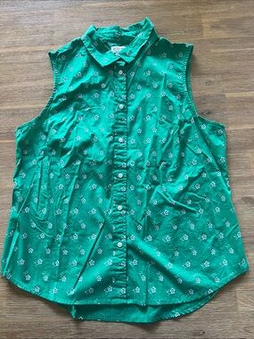 J. Crew Green Sleeveless Button-Front Floral Blouse